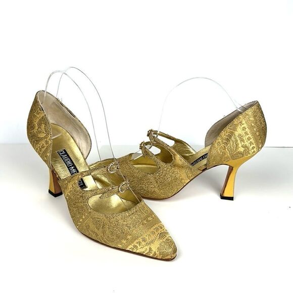 CLAUDIO MERAZZI Gold Brocade Formal Pumps Pointed Toe Embellished Details US 7,5 - Picture 3 of 16